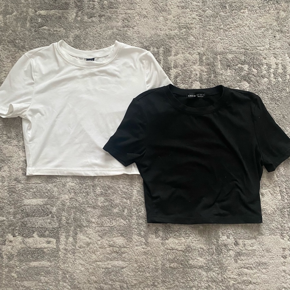 TWO - SHEIN Short Sleeve Crewneck Crop Tops - White & Black